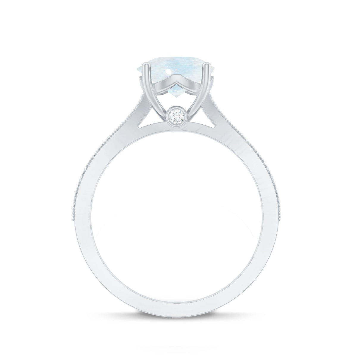 Rosec Jewels moonstone engagement ring with diamond side stones, showcasing a polished silver band and intricate design details.