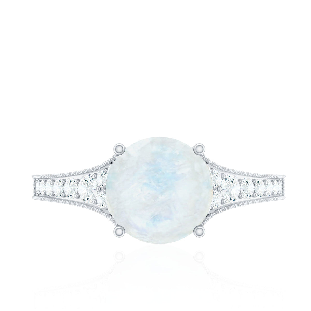 Rosec Jewels moonstone engagement ring with diamond side stones, showcasing a beautiful ring design with a central moonstone and sparkling accents.