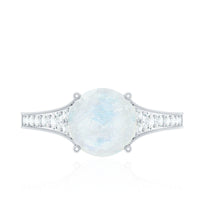 Rosec Jewels moonstone engagement ring with diamond side stones, showcasing a beautiful ring design with a central moonstone and sparkling accents.