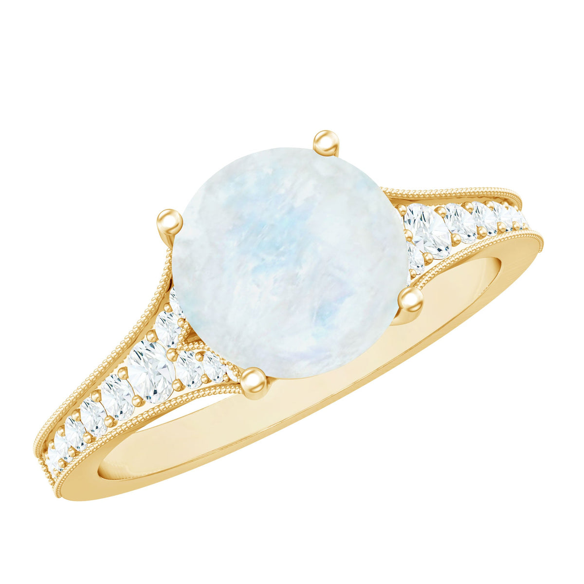 Rosec Jewels moonstone engagement ring with diamond side stones, showcasing a polished silver band and intricate design details.