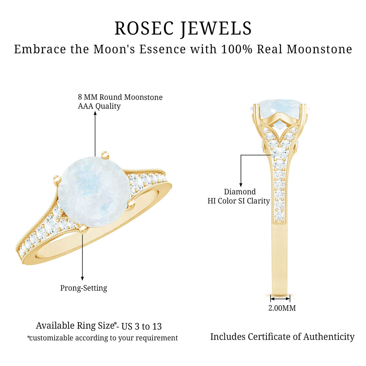 Rosec Jewels moonstone engagement ring with diamond side stones, featuring a polished band and intricate design details.