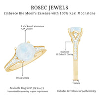 Rosec Jewels moonstone engagement ring with diamond side stones, featuring a polished band and intricate design details.