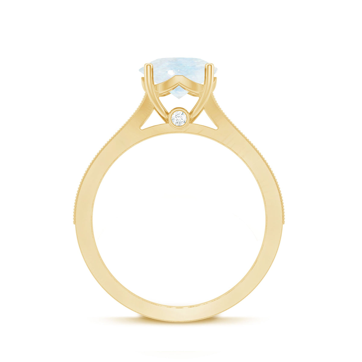 Rosec Jewels designer moonstone engagement ring with diamond side stones, showcasing a sparkling moonstone centerpiece and elegant side accents.