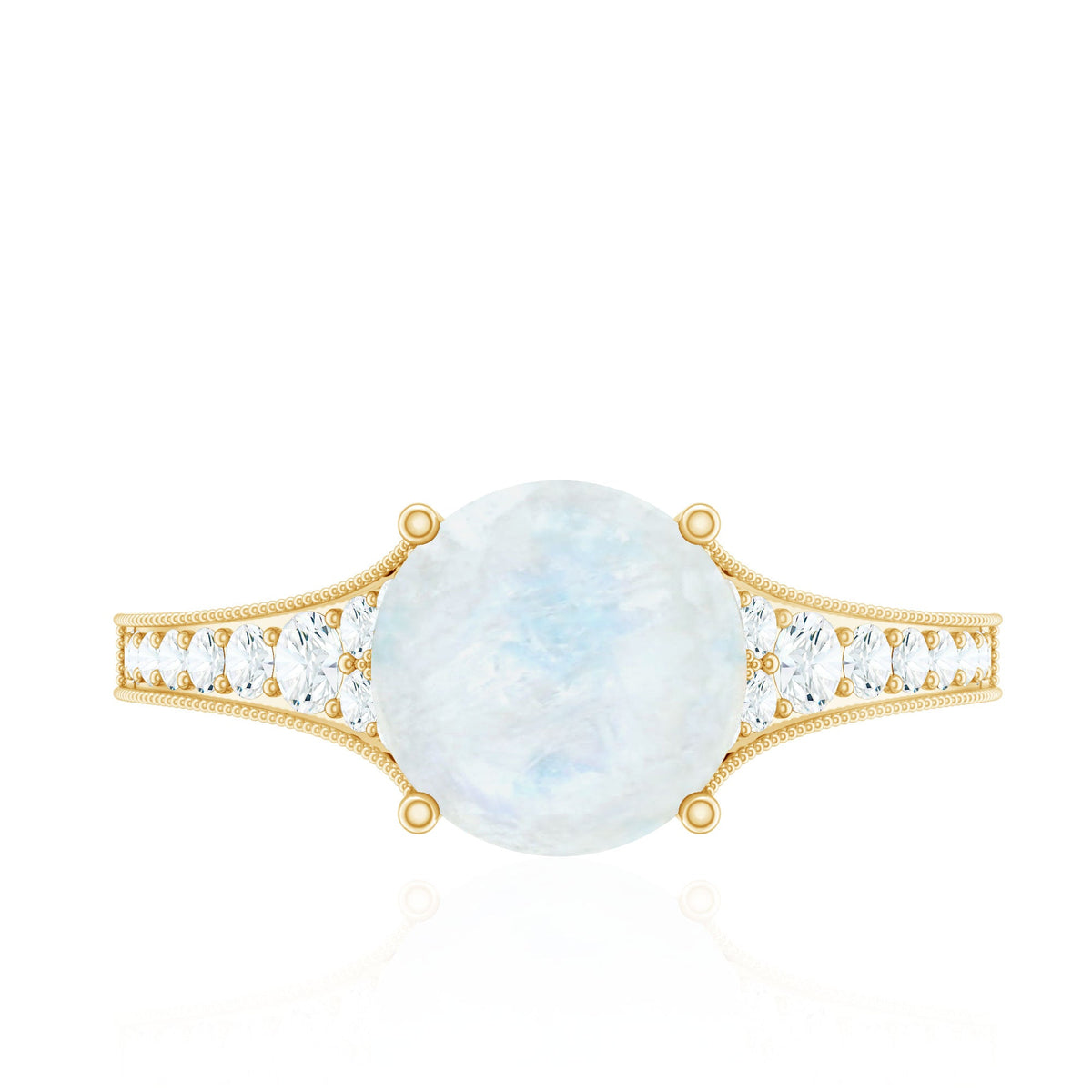 Rosec Jewels moonstone engagement ring with diamond side stones, showcasing a elegant design with a central moonstone and sparkling accents.