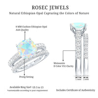 Certified Natural Ethiopian Opal Cushion Cut Engagement Ring with Wedding Band