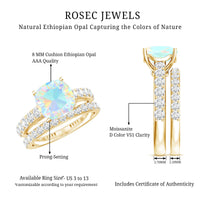 Certified Natural Ethiopian Opal Cushion Cut Engagement Ring with Wedding Band
