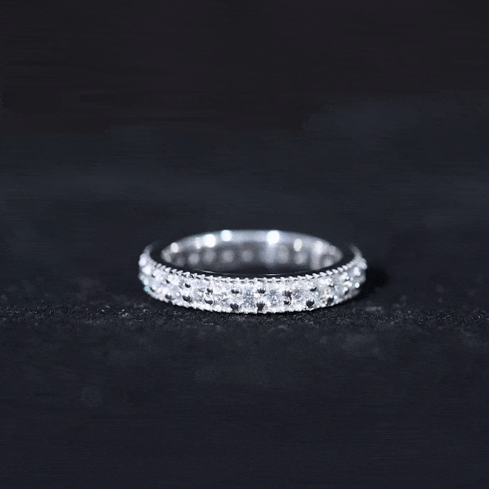 Yellow moissanite band ring with milgrain detailing from Rosec Jewels, showcasing intricate design and sparkling gemstone setting.