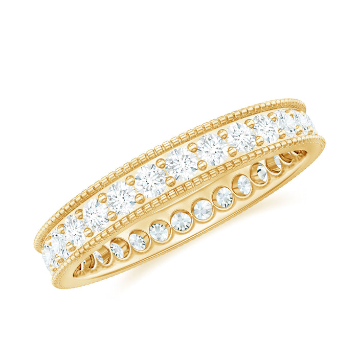 Moissanite band ring with milgrain detailing by Rosec Jewels, showcasing sparkling stones and intricate metalwork.