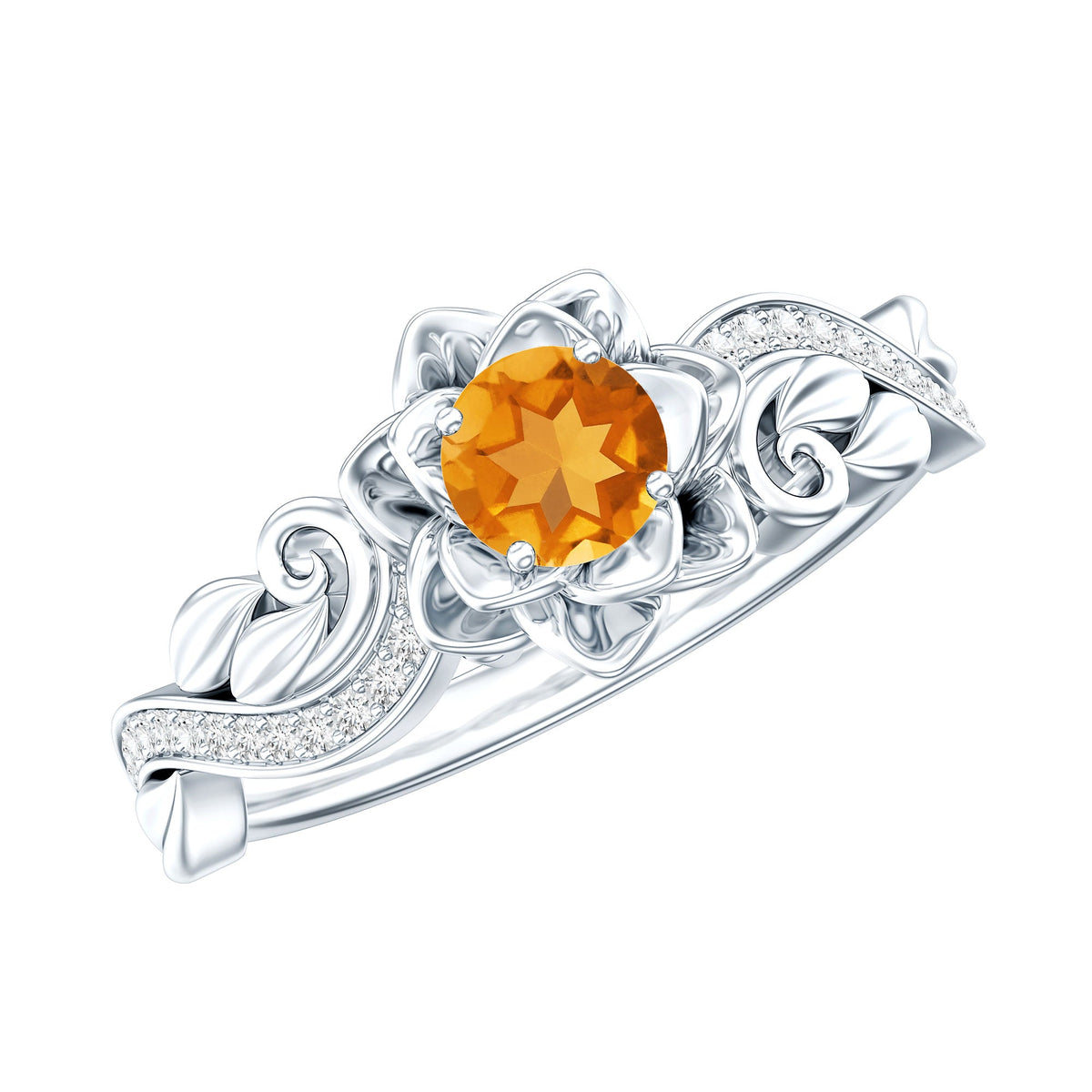 Nature-inspired Citrine Flower Engagement Ring by Rosec Jewels, featuring a vibrant citrine flower design with diamond accents.