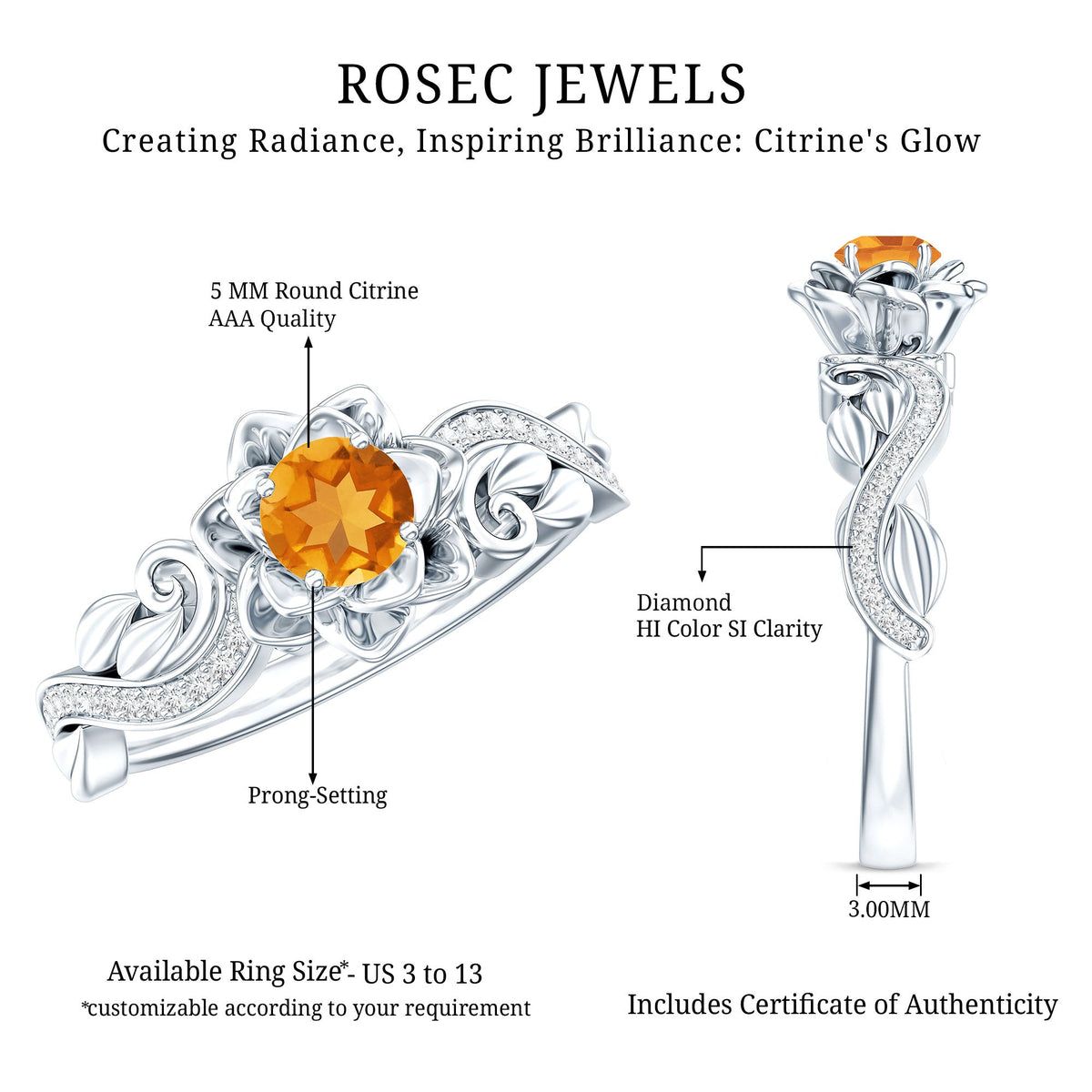 Rosec Jewels citrine flower engagement ring with diamond, nature-inspired design, featuring a central citrine and surrounding diamond accents.