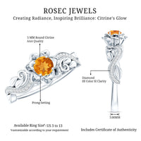 Rosec Jewels citrine flower engagement ring with diamond, nature-inspired design, featuring a central citrine and surrounding diamond accents.