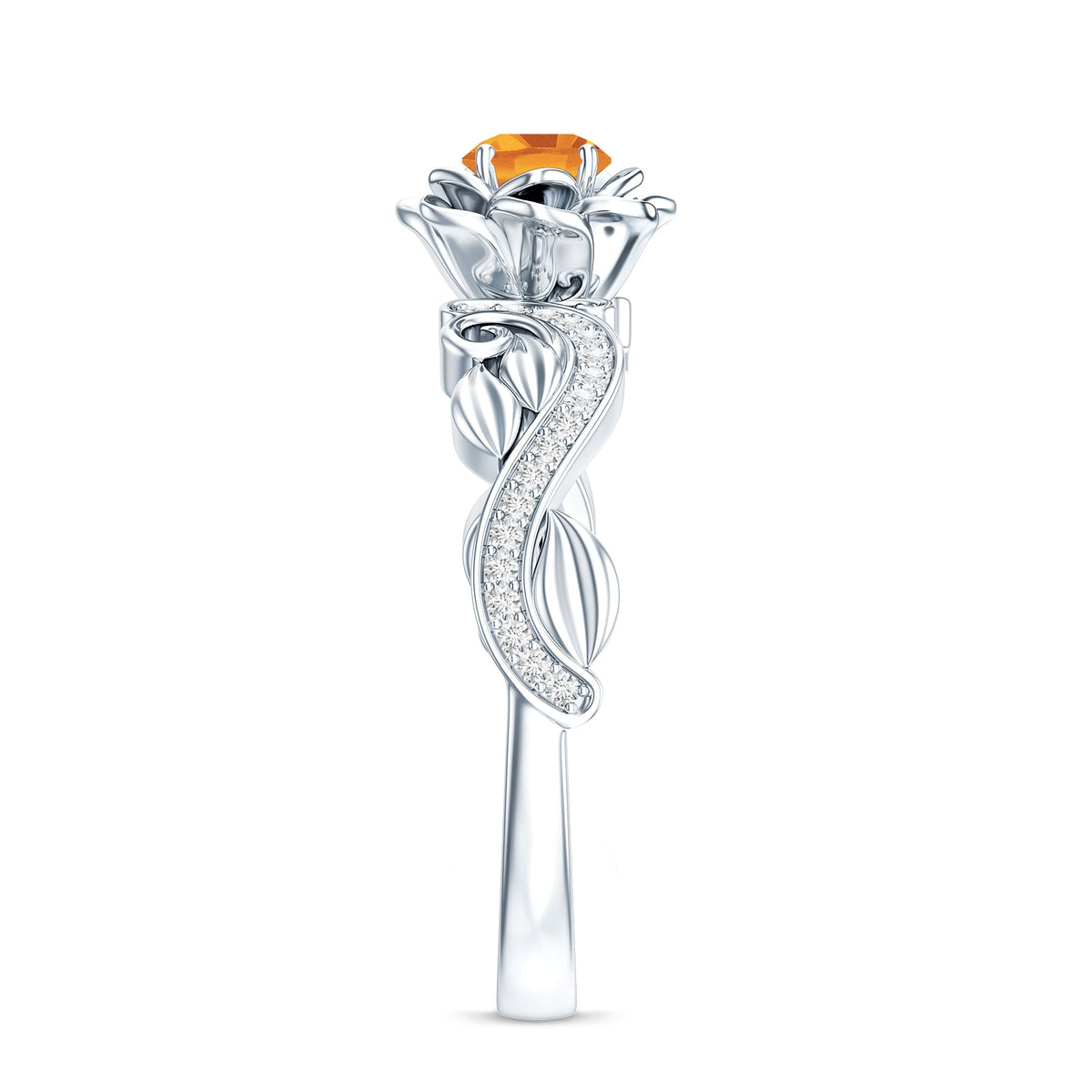 Nature-inspired citrine flower engagement ring with diamond accents, crafted by Rosec Jewels, showcasing intricate floral design.