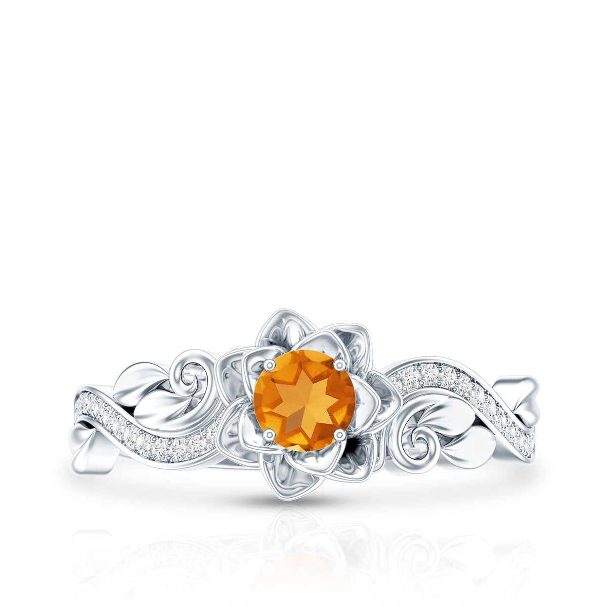 Nature-inspired Citrine Flower engagement ring with diamonds from Rosec Jewels, featuring a detailed floral design and sparkling gemstones.