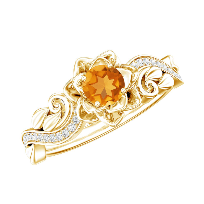 Rosec Jewels citrine flower engagement ring with diamond, showcasing a nature-inspired design and intricate metalwork.