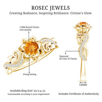 Nature-inspired Citrine flower engagement ring with diamond from Rosec Jewels, showcasing a detailed floral design and sparkling gemstones.