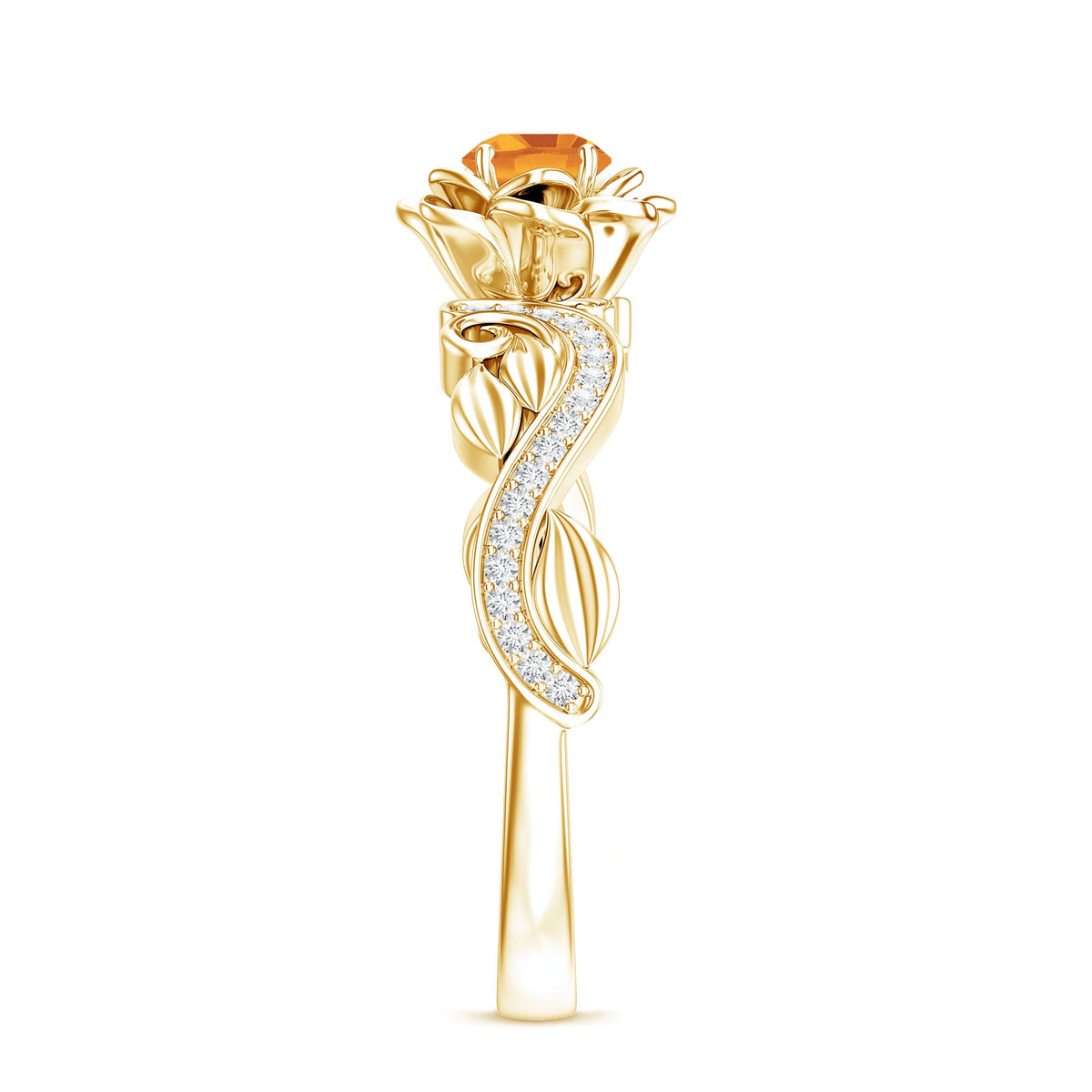Nature-inspired Citrine Flower engagement ring with diamond accents by Rosec Jewels, showcasing intricate floral design and sparkling gemstones.