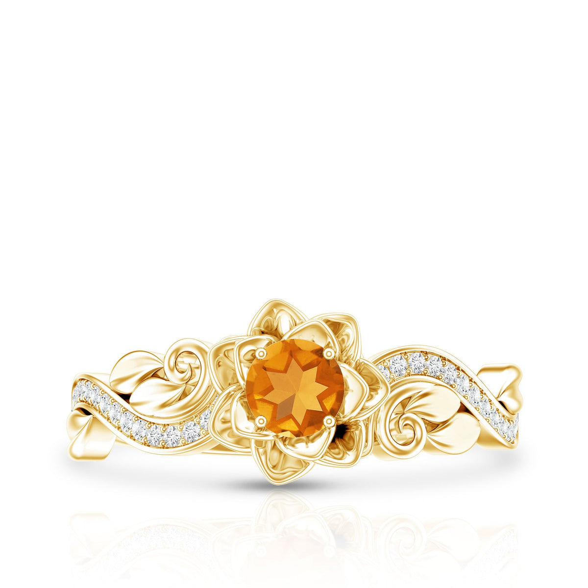 Rosec Jewels citrine flower engagement ring with diamond, nature-inspired design featuring a prominent citrine flower and sparkling diamond accents.