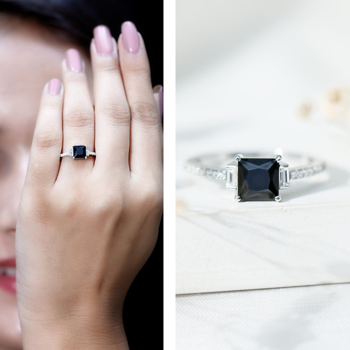 Certified 1 Carat Lab Grown Black and White Diamond Princess Cut Solitaire Engagement Ring