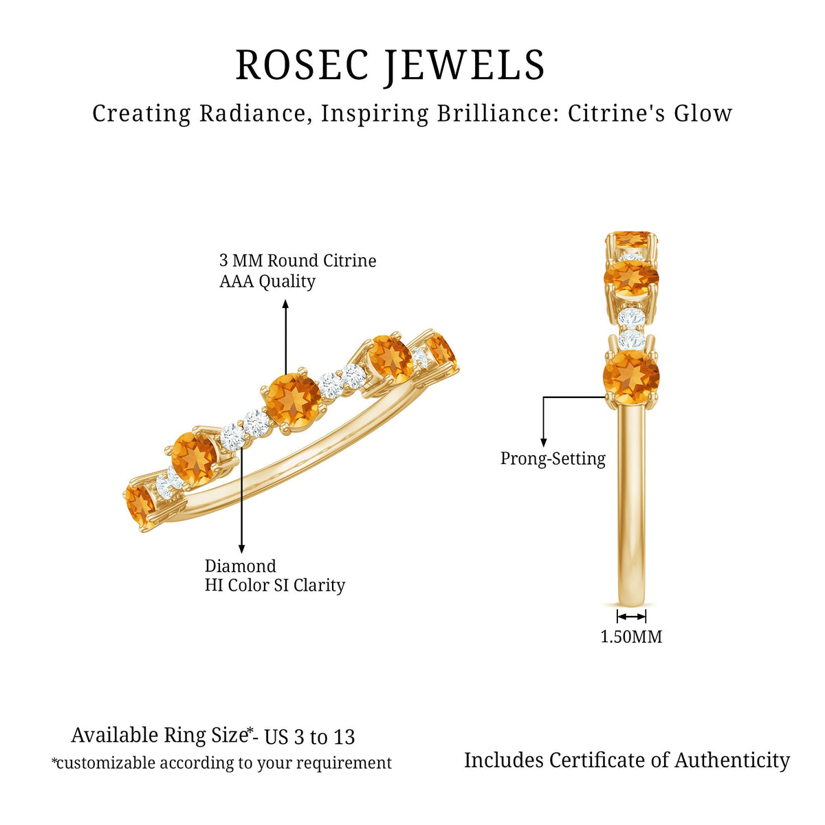 Natural Citrine Diamond Half Eternity Ring for Anniversary