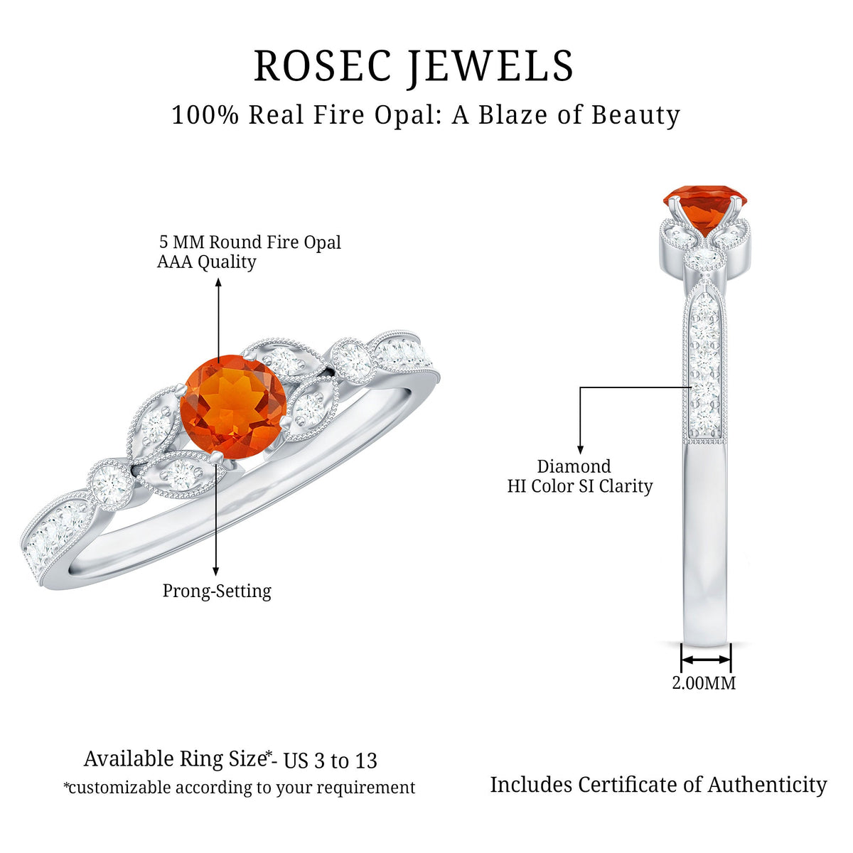Minimal fire opal and diamond promise ring by Rosec Jewels with a sleek band and a vibrant fire opal centerpiece.