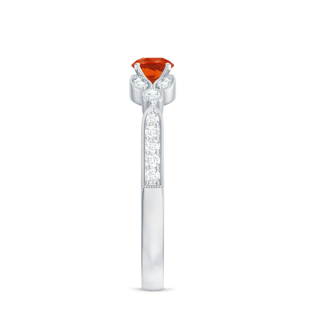 Minimal fire opal and diamond promise ring by Rosec Jewels, showcasing a sleek design with vibrant fire opal and sparkling diamonds.