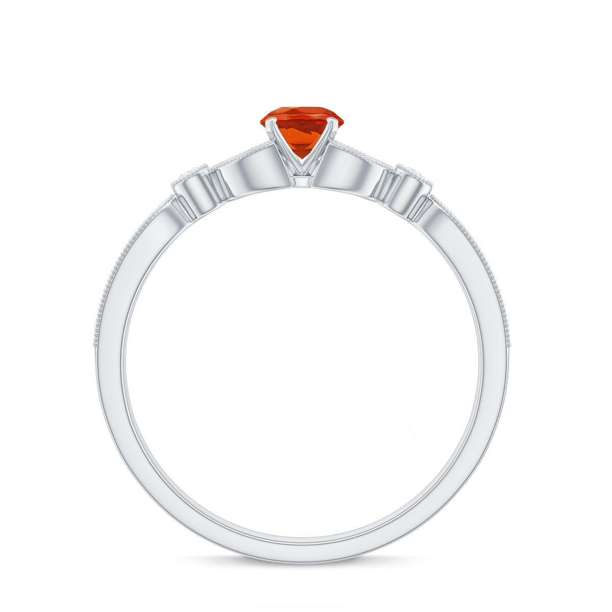 Minimal fire opal and diamond promise ring by Rosec Jewels featuring a sleek band with vibrant fire opal and sparkling diamonds.