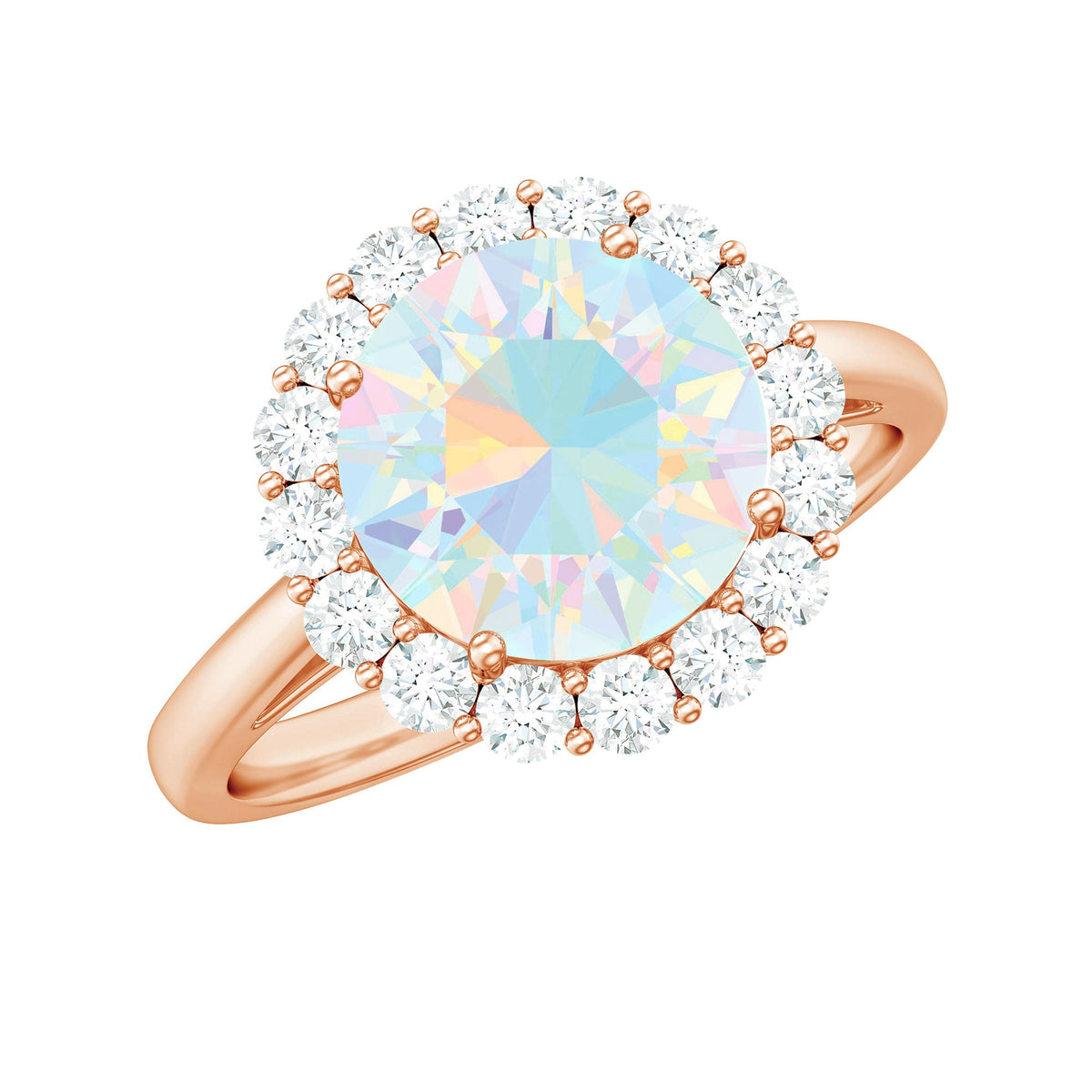 Certified 8mm Ethiopian Rainbow Opal engagement ring with diamond halo from Rosec Jewels, showcasing vibrant color and intricate design.