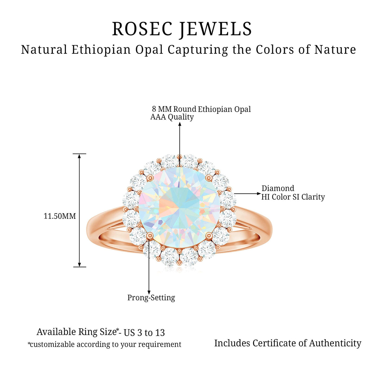 Certified 8mm Ethiopian Rainbow Opal engagement ring with diamond halo from Rosec Jewels, showcasing vibrant color and elegant design.