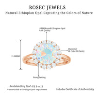 Certified 8mm Ethiopian Rainbow Opal engagement ring with diamond halo from Rosec Jewels, showcasing vibrant color and elegant design.