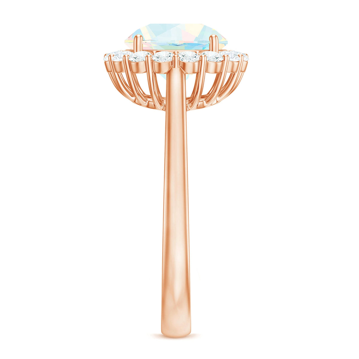 Certified 8mm Ethiopian Rainbow Opal engagement ring with diamond halo from Rosec Jewels, showcasing vibrant colorful gemstone and sparkling accents.