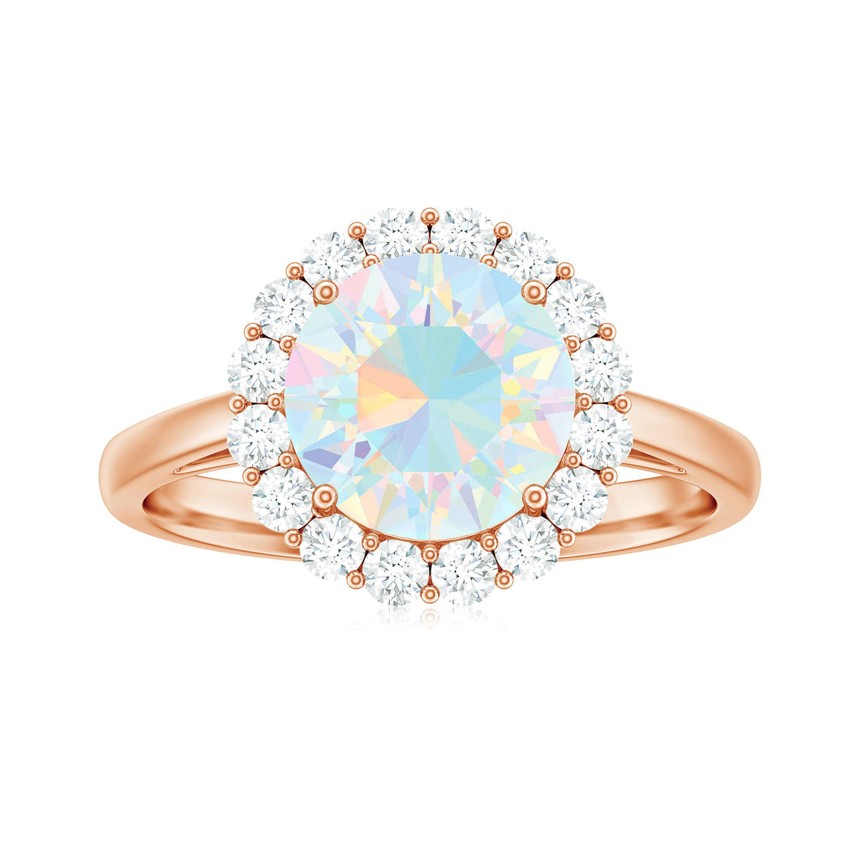 Certified 8mm Ethiopian Rainbow Opal engagement ring with diamond halo from Rosec Jewels, showcasing vibrant colorful gemstone and sparkling accents.