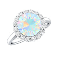 Certified 8mm Ethiopian Rainbow Opal engagement ring with diamond halo from Rosec Jewels, showcasing vibrant rainbow hues and sparkling diamonds.