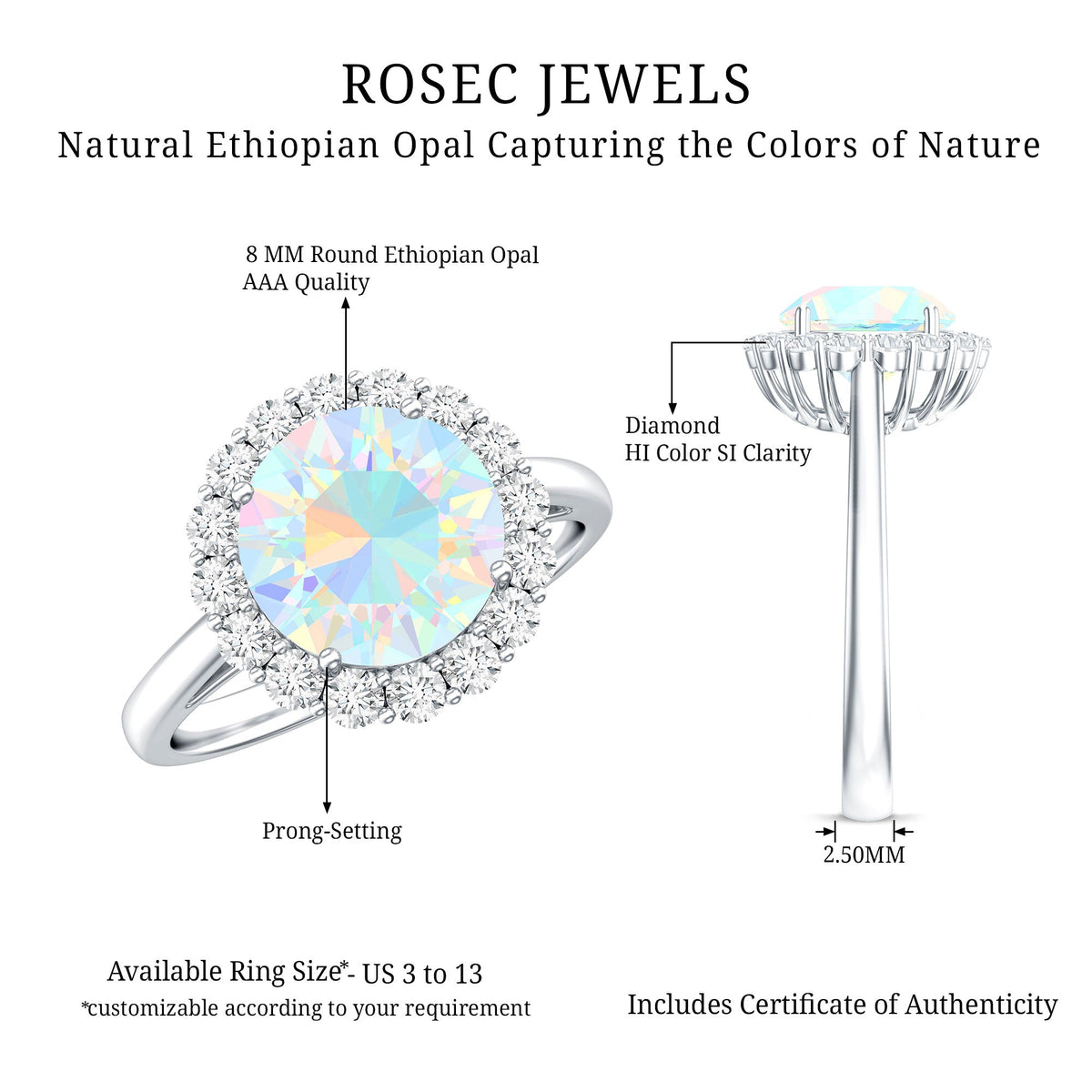 Certified 8mm Ethiopian Rainbow Opal engagement ring with diamond halo by Rosec Jewels, showcasing vibrant rainbow colors and intricate design.