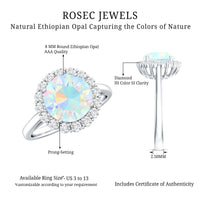 Certified 8mm Ethiopian Rainbow Opal engagement ring with diamond halo by Rosec Jewels, showcasing vibrant rainbow colors and intricate design.