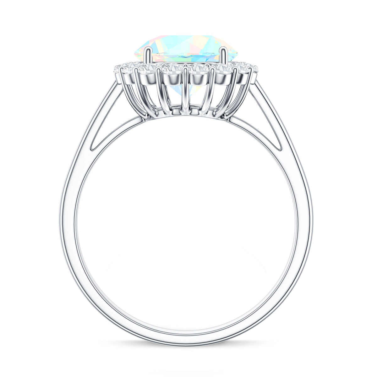 Certified 8mm Ethiopian Rainbow Opal engagement ring with diamond halo from Rosec Jewels, showcasing vibrant colorful gemstone and sparkling accents.