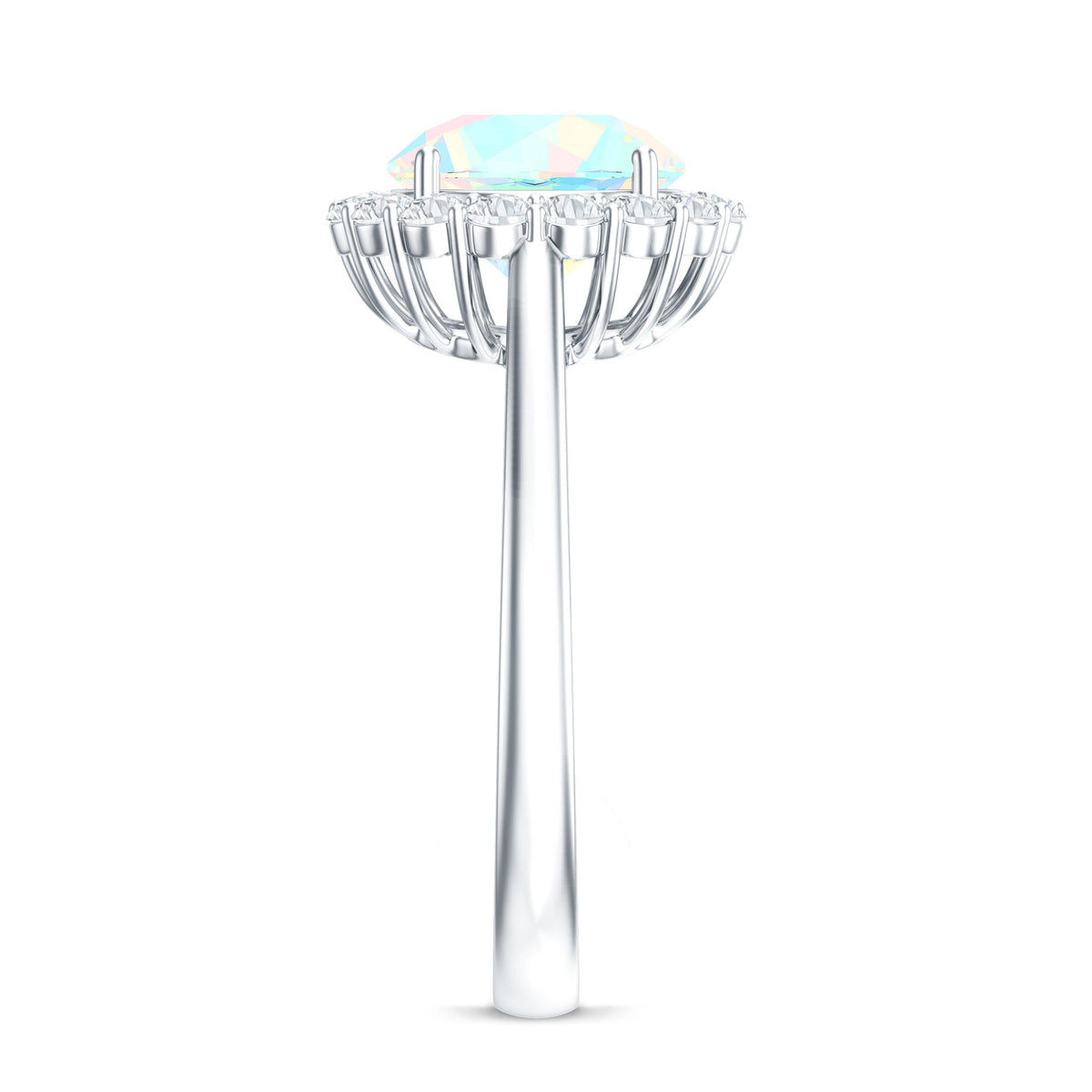 Certified 8mm Ethiopian Rainbow Opal engagement ring with diamond halo from Rosec Jewels showcasing the colorful opal and sparkling diamonds.