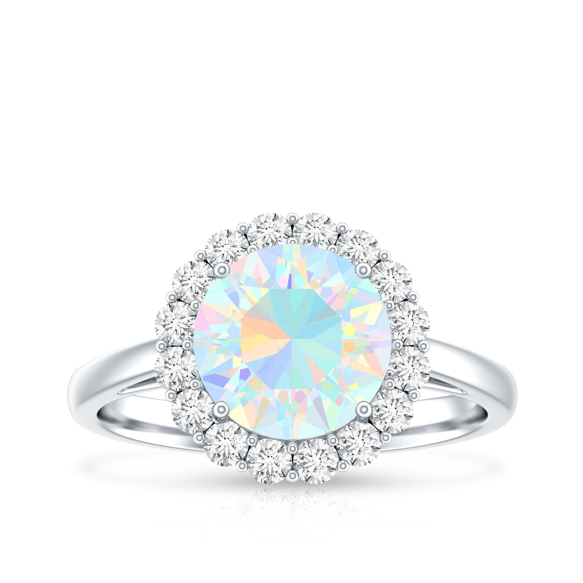 Certified 8mm Ethiopian Rainbow Opal engagement ring with diamond halo by Rosec Jewels, showcasing a vibrant, colorful gemstone setting.
