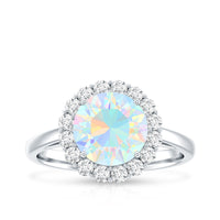 Certified 8mm Ethiopian Rainbow Opal engagement ring with diamond halo by Rosec Jewels, showcasing a vibrant, colorful gemstone setting.