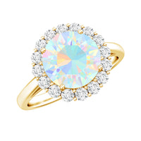 Certified 8mm Ethiopian Rainbow Opal engagement ring with diamond halo by Rosec Jewels, showcasing vibrant colors and elegant design.