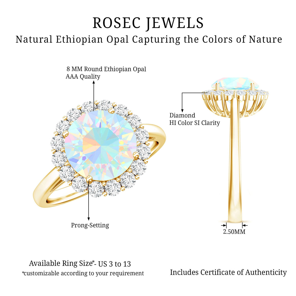 Certified 8mm Ethiopian Rainbow Opal engagement ring with diamond halo by Rosec Jewels, showcasing vibrant color and elegant design.