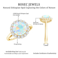 Certified 8mm Ethiopian Rainbow Opal engagement ring with diamond halo by Rosec Jewels, showcasing vibrant color and elegant design.