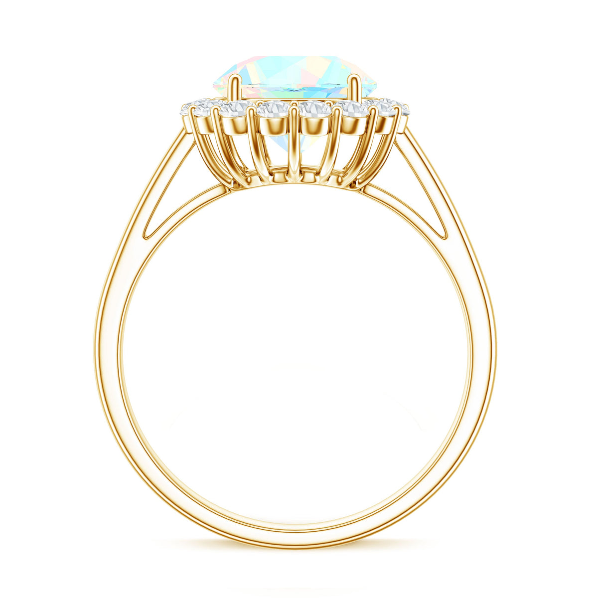 Certified real 8mm Ethiopian rainbow opal engagement ring with diamond halo by Rosec Jewels, showcasing vibrant colors and elegant design.