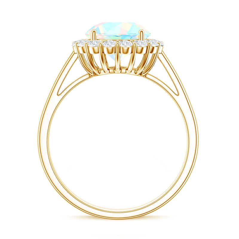 Certified real 8mm Ethiopian rainbow opal engagement ring with diamond halo by Rosec Jewels, showcasing vibrant colors and elegant design.