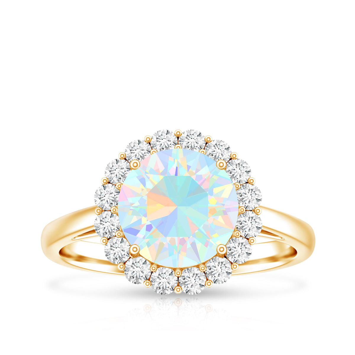 Certified 8mm Ethiopian Rainbow Opal engagement ring with diamond halo by Rosec Jewels, showcasing vibrant colors and intricate design.