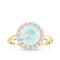 Certified 8mm Ethiopian Rainbow Opal engagement ring with diamond halo by Rosec Jewels, showcasing vibrant colors and intricate design.