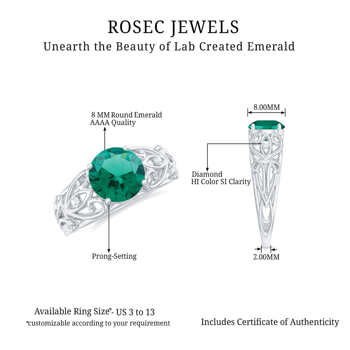 Certified 2 Carat Lab Grown Emerald Antique Engagement Ring