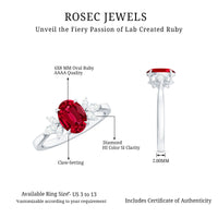 Oval 1.5 carat lab-created ruby engagement ring with diamond accents, featuring a rose gold band and intricate design details.