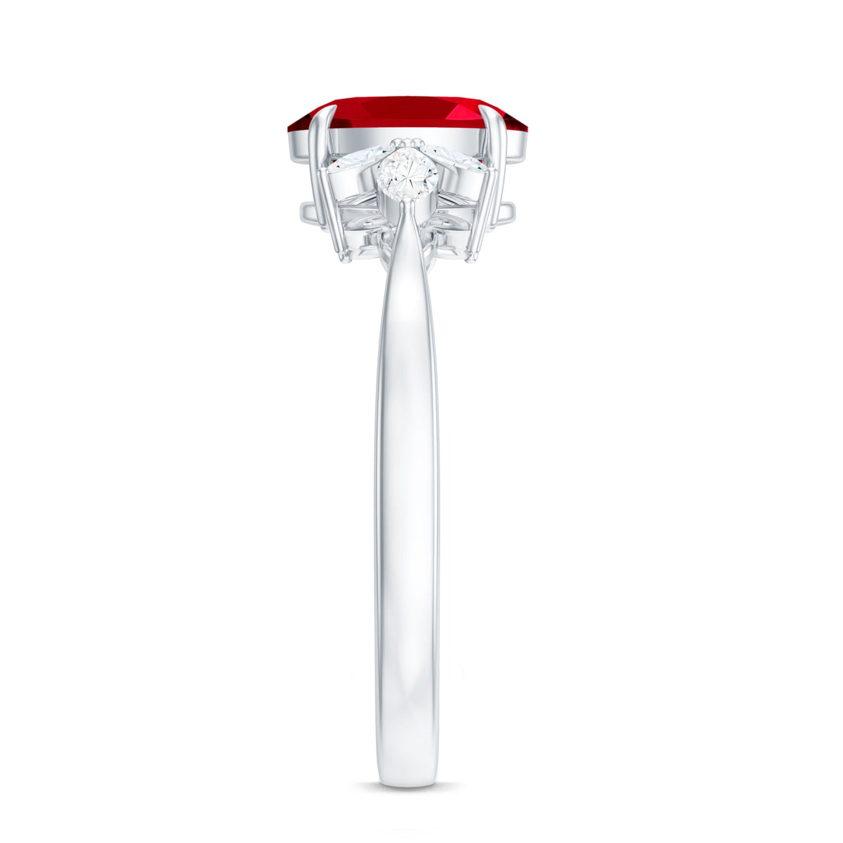 Oval lab-created ruby engagement ring with diamonds from Rosec Jewels, showcasing a 1.5 carat ruby and sparkling diamond accents.