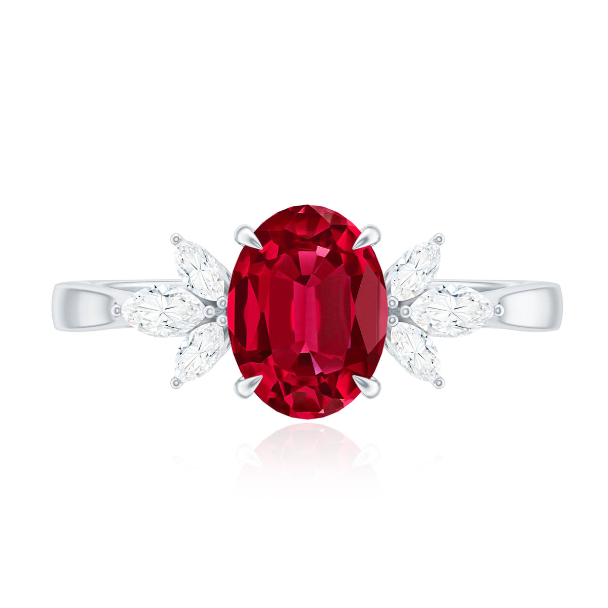 Oval lab-created ruby engagement ring with diamond accents from Rosec Jewels, showcasing a 1.5 carat ruby and sparkling diamonds.