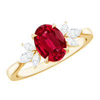 Oval lab-created ruby engagement ring with diamonds from Rosec Jewels, showcasing a 1.5 carat ruby and sparkling diamond accents.